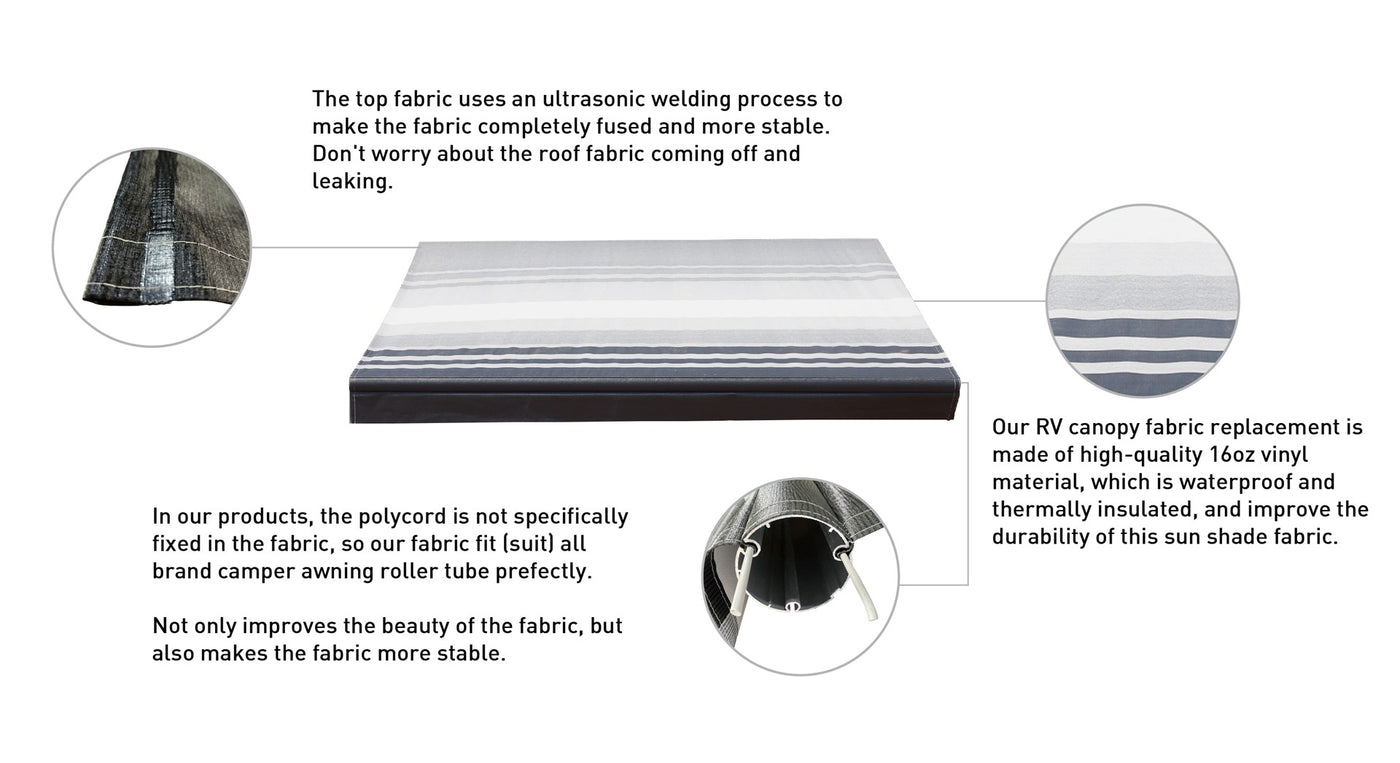 Awnlux RV awning fabric replacement is the heaviest-duty RV awning fabric in RV awning market. The top fabric uses an ultrasonic welding process to make the awning fabric completely fused and more stable.