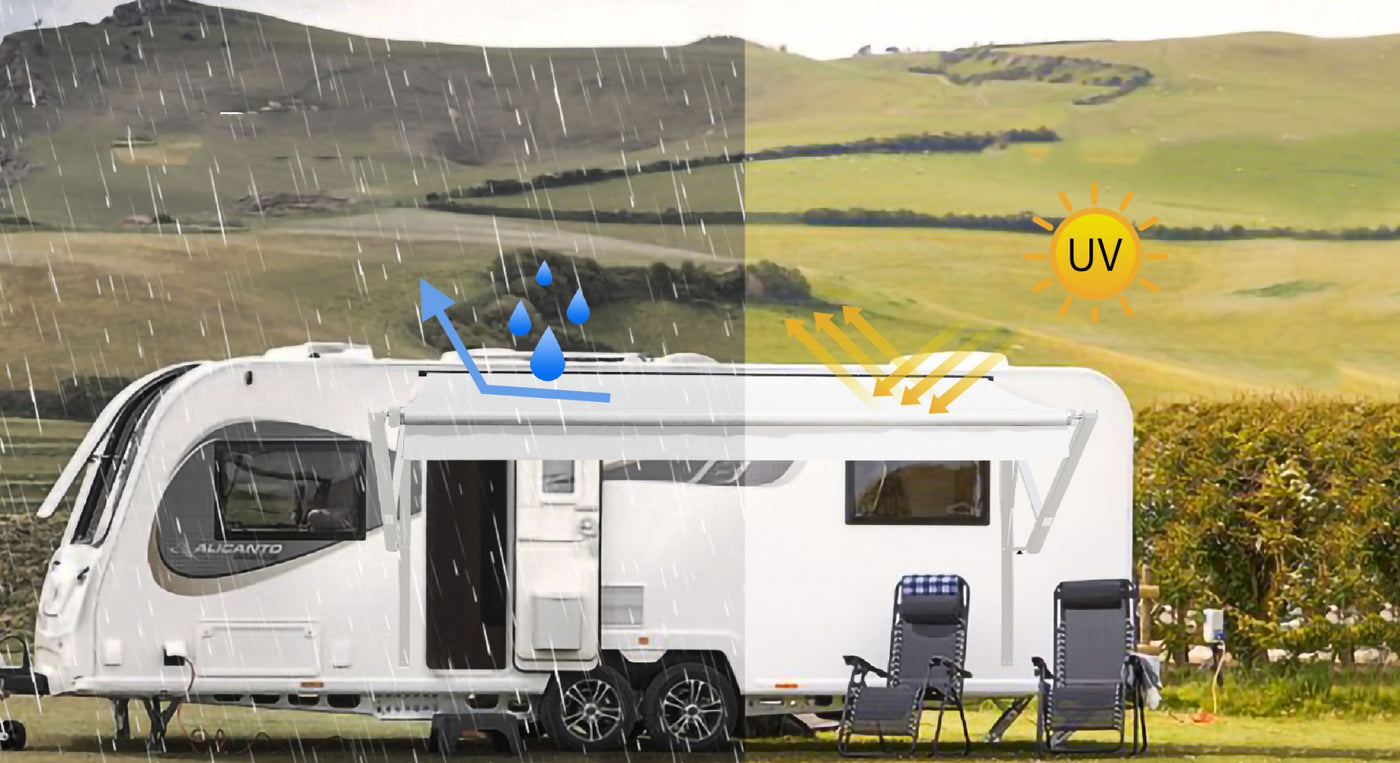 Awnlux 100% waterproof and 98% UV resistant RV awning fabric Awnlux RV awning fabric replacement is the heaviest-duty RV awning fabric in RV awning market. The top fabric uses an ultrasonic welding process to make the awning fabric completely fused and more stable.