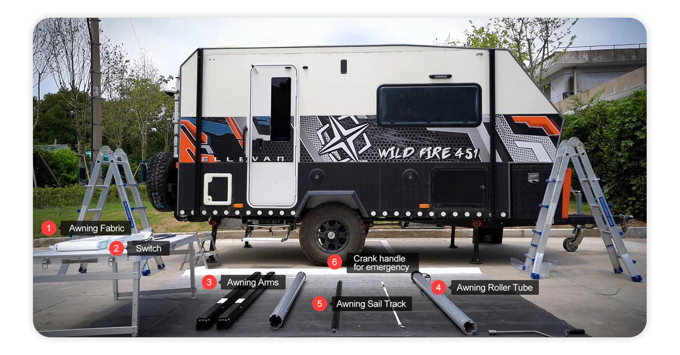 Our whole rv awning assembly packaes includes rv awning roller tube, rv awning fabric, awning arms, awning sail track, control switch.