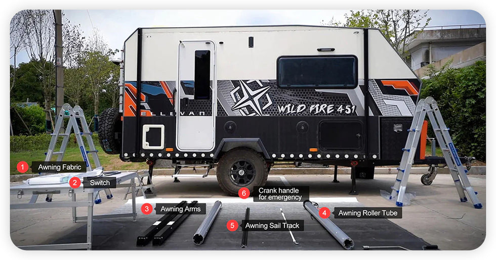 Our whole rv awning assembly packaes includes rv awning roller tube, rv awning fabric, awning arms, awning sail track, control switch.