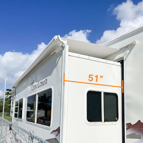 Awnlux RV slide out awning fabric has an extension of 51 inches, which can meet the extension size of all Slide Out Awnings on the market.