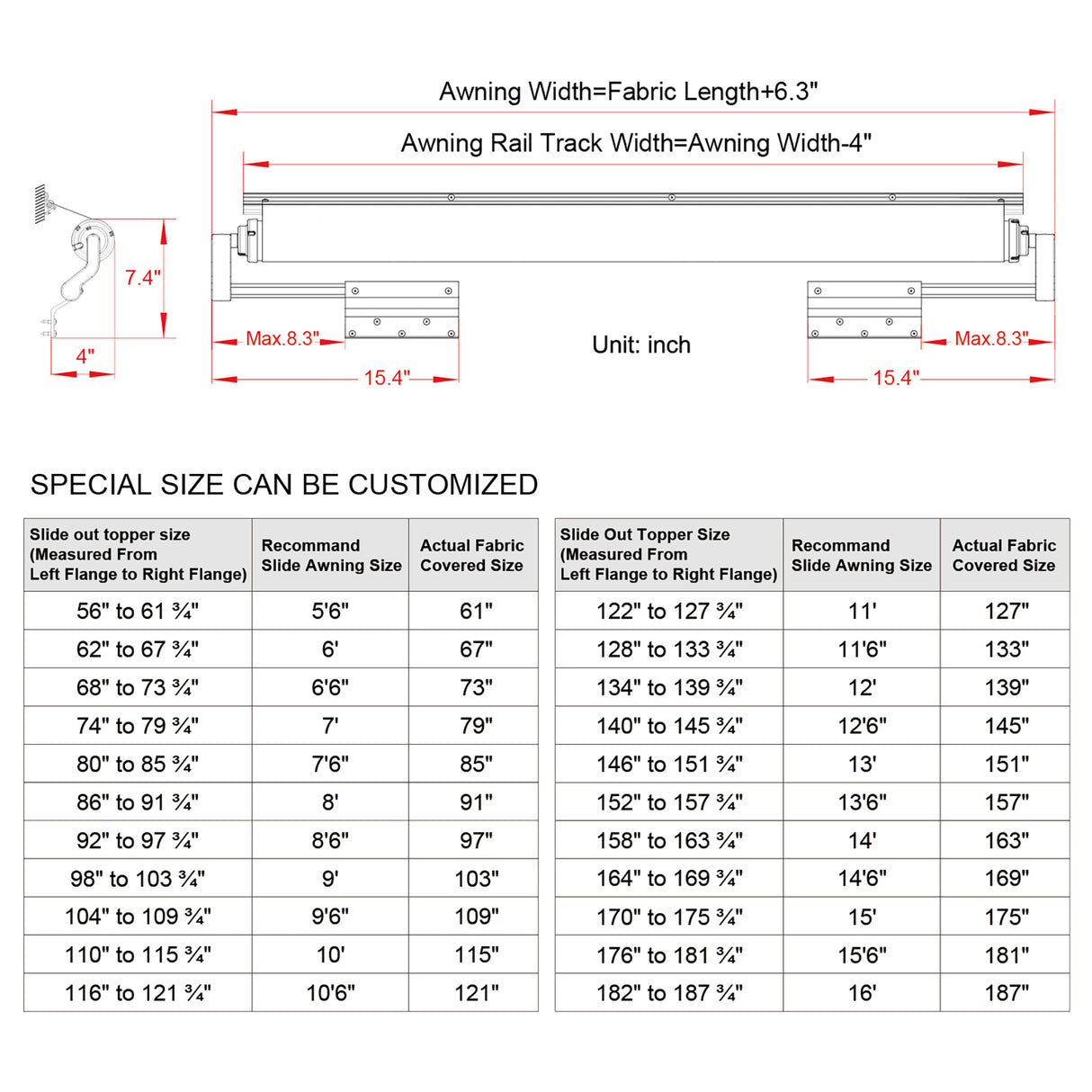 AWNLUX RV slide topper awning size chart
