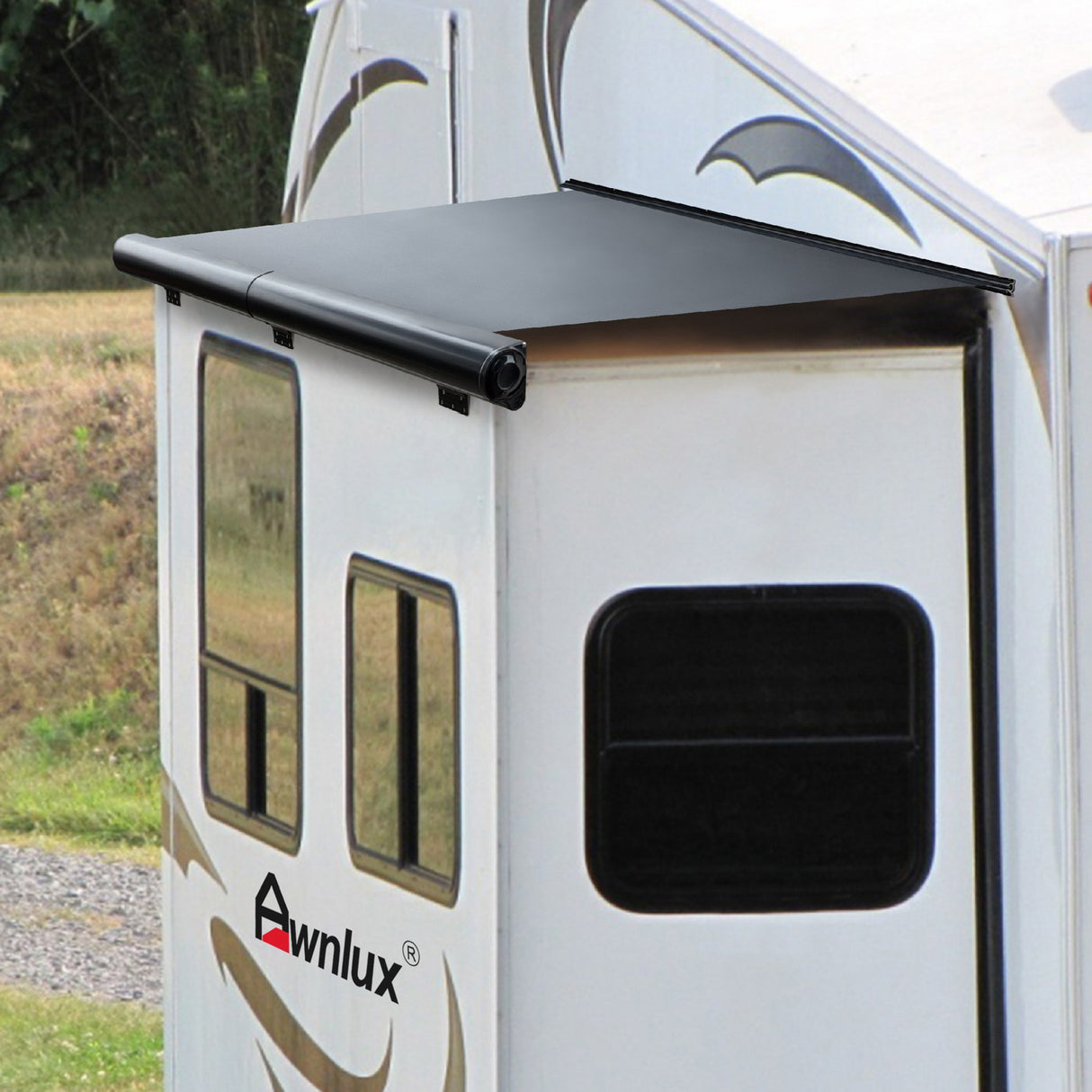 Awnlux Black Modular Metal Full Cover Slide Topper Awning Side view