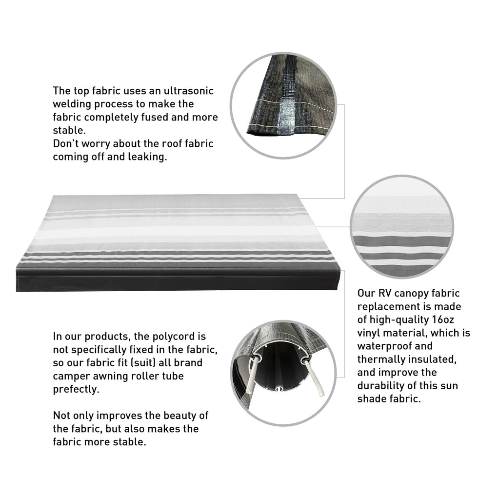 Awnlux RV awning fabric replacement is the heaviest-duty RV awning fabric in RV awning market. The top fabric uses an ultrasonic welding process to make the awning fabric completely fused and more stable.