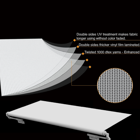 The rv slide out awning has a 4-layer design, including a white coating(50 UPF+ UV Resistant), High-quality vinyl fabric, 1000D high-strength polyester, and a waterproof white underside. It is cold crack tested to -40°F and flame retardant to high temperatures.