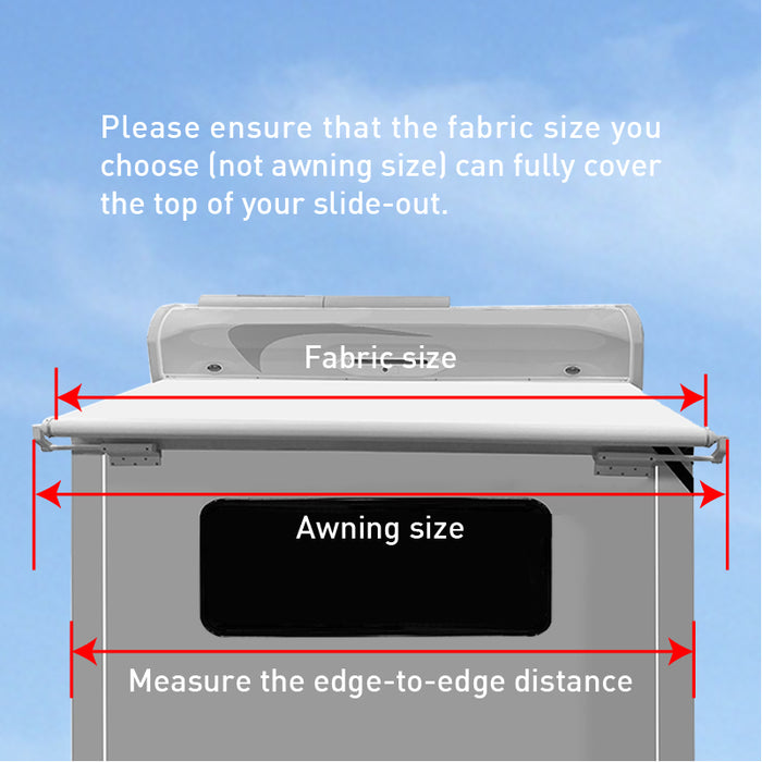 RV slide-out toppers and awnings protect your slide-out box from mildew and rain and are easy to install yourself. The AWNLUX RV Slide Topper Kit can replace Solera, Dometic, Lippert, and Camping World slide-out awnings. Designed to fit most campers, trailers, motorhomes, and 5th wheel trailers, this kit includes RV brackets, a roller tube, awning fabric, hardware, screws, and more.