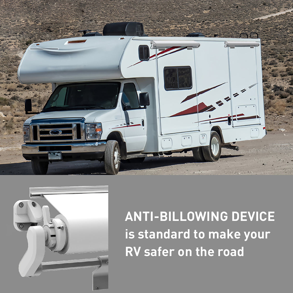 Motorhome with Awnlux PRO MAX slide-out awning showing anti-billowing device detail