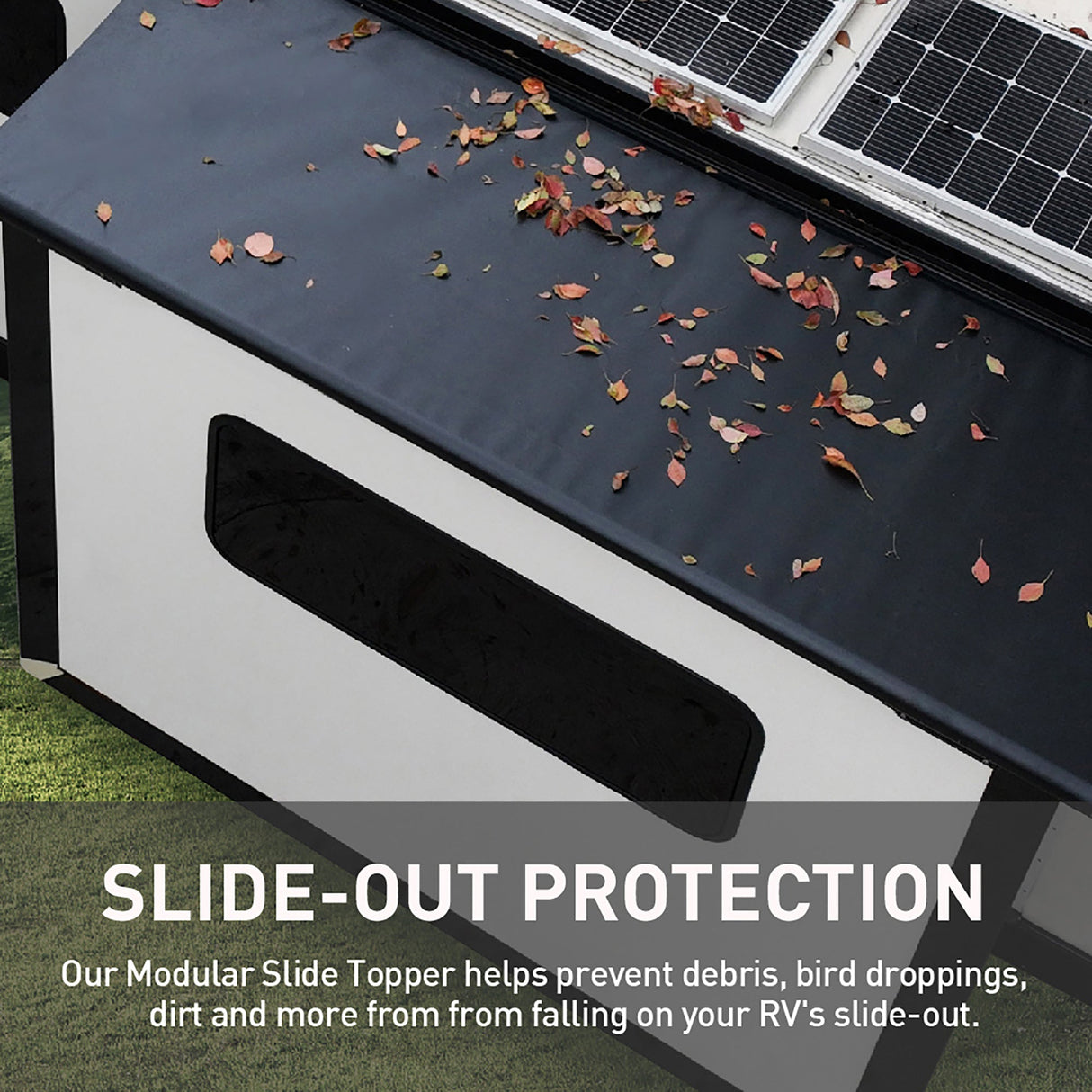RV protected with Awnlux Slide Topper Awning against leaves, bird droppings, and debris