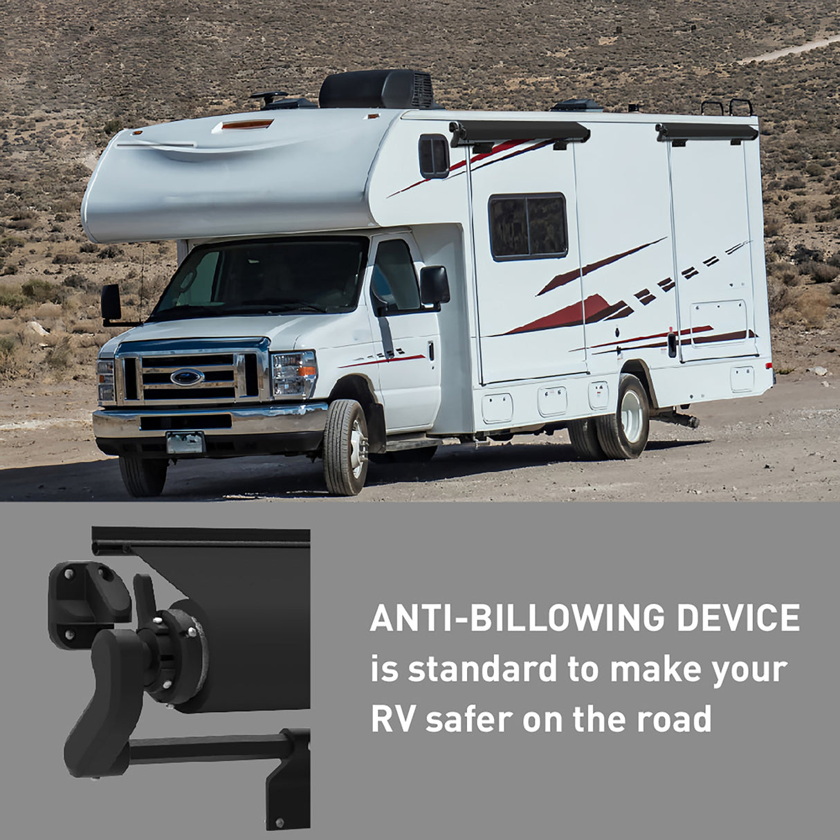 Awnlux PRO MAX slide-out awning on motorhome with close-up of anti-billowing device
