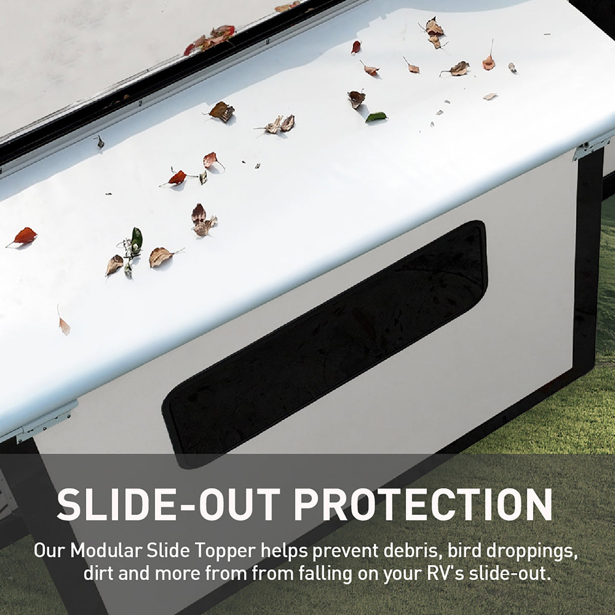 Awnlux RV slide topper awning shielding slide-out from falling debris and droppings