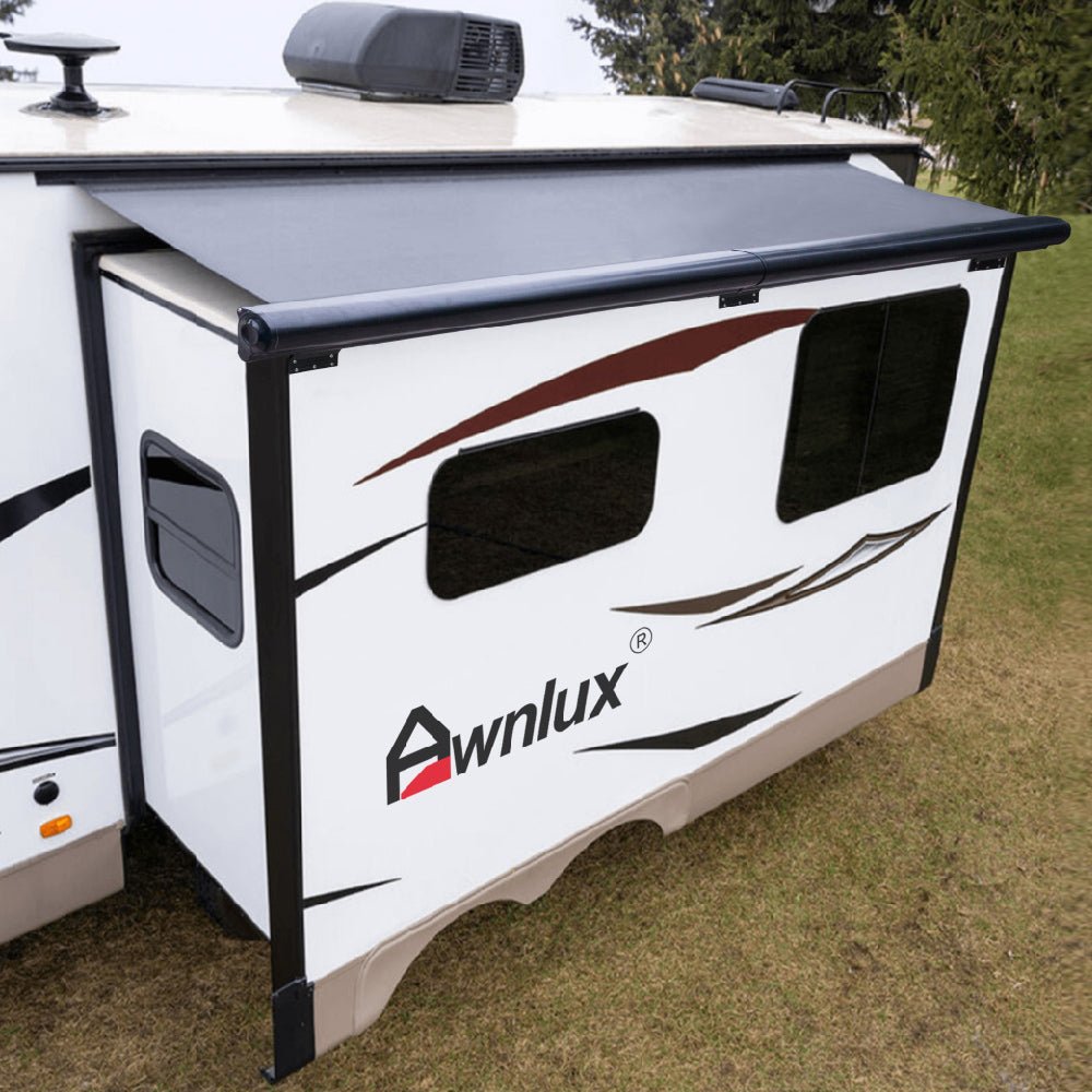 Awnlux black RV slide topper awning — modular slide-out cover side view