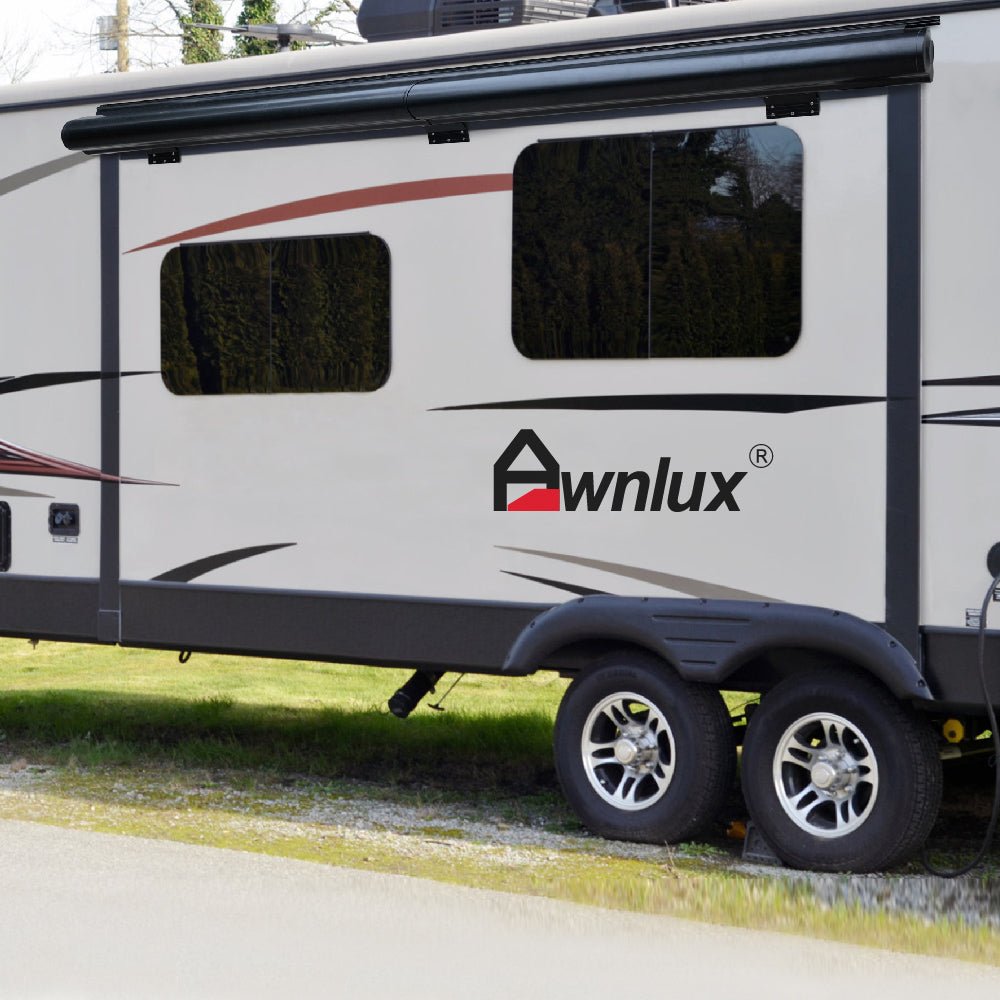 Awnlux modular metal cassette RV slide-out awning — black full cover design in closed view
