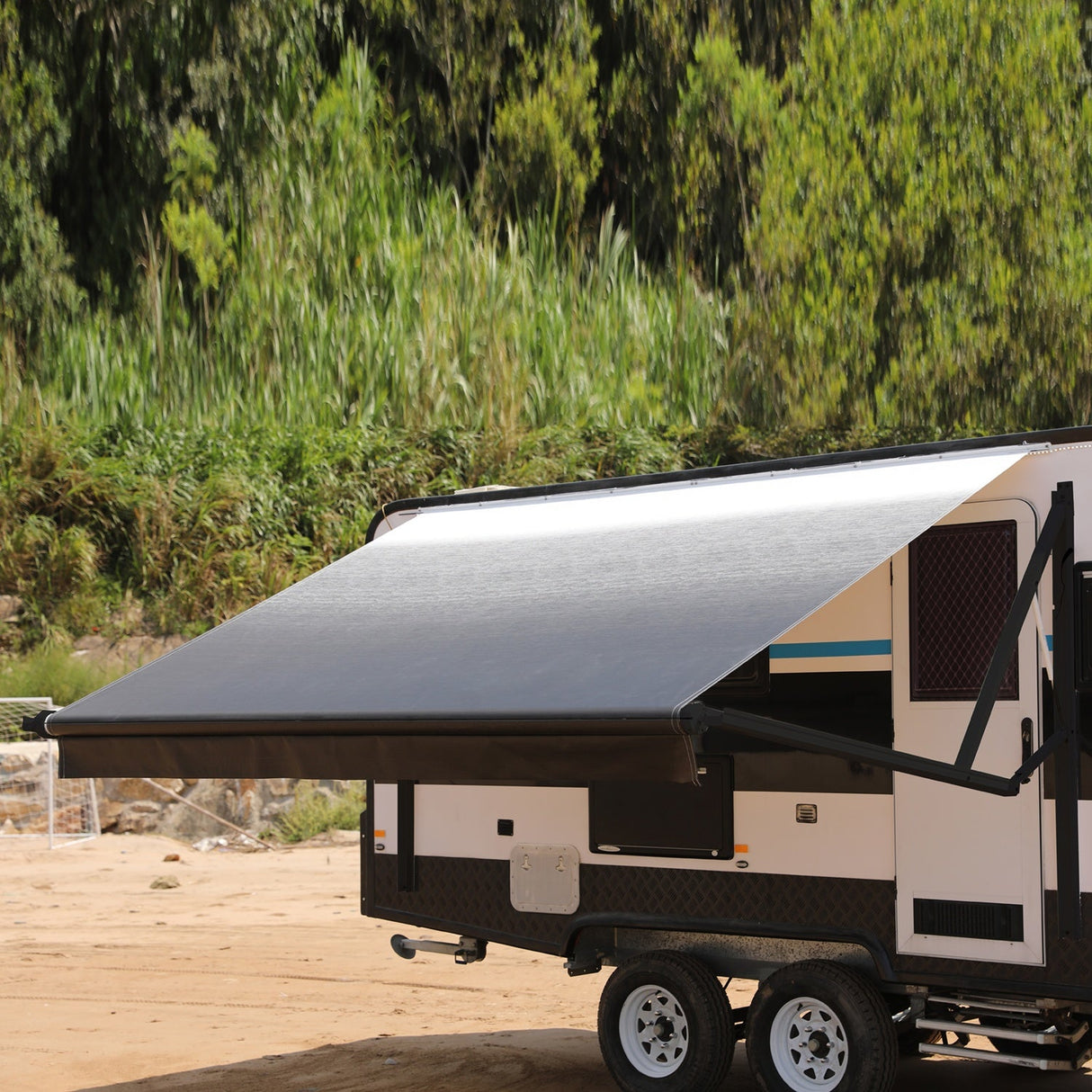 AWNLUX Electric RV Patio Awning - Black Frame - AWNLUX 6 Colors and 14 size options. Fitting RV ranging from 8' to 21' and available in 6 color fabrics. Motorized Modular Retractable RV Awnings are designed to help meet the needs of your RV’s size and your personal style preferences. Our power RV awning are able to be suitable and applied with other major awning brands, it's compatible with Solera, Dometic and Carefree awnings.
