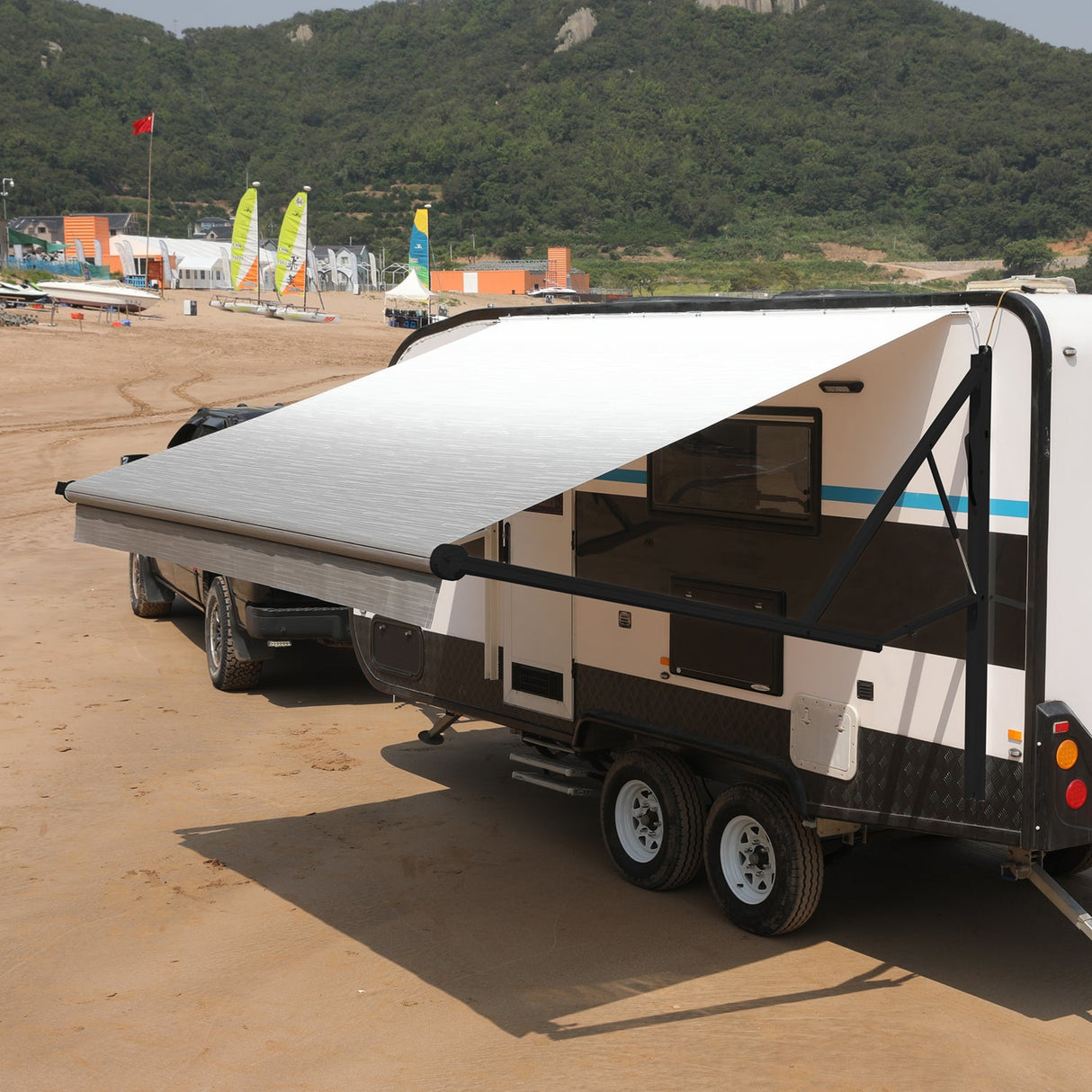 AWNLUX Electric RV Patio Awning - Black Frame - AWNLUX 6 Colors and 14 size options. Fitting RV ranging from 8' to 21' and available in 6 color fabrics. Motorized Modular Retractable RV Awnings are designed to help meet the needs of your RV’s size and your personal style preferences. Our power RV awning are able to be suitable and applied with other major awning brands, it's compatible with Solera, Dometic and Carefree awnings.