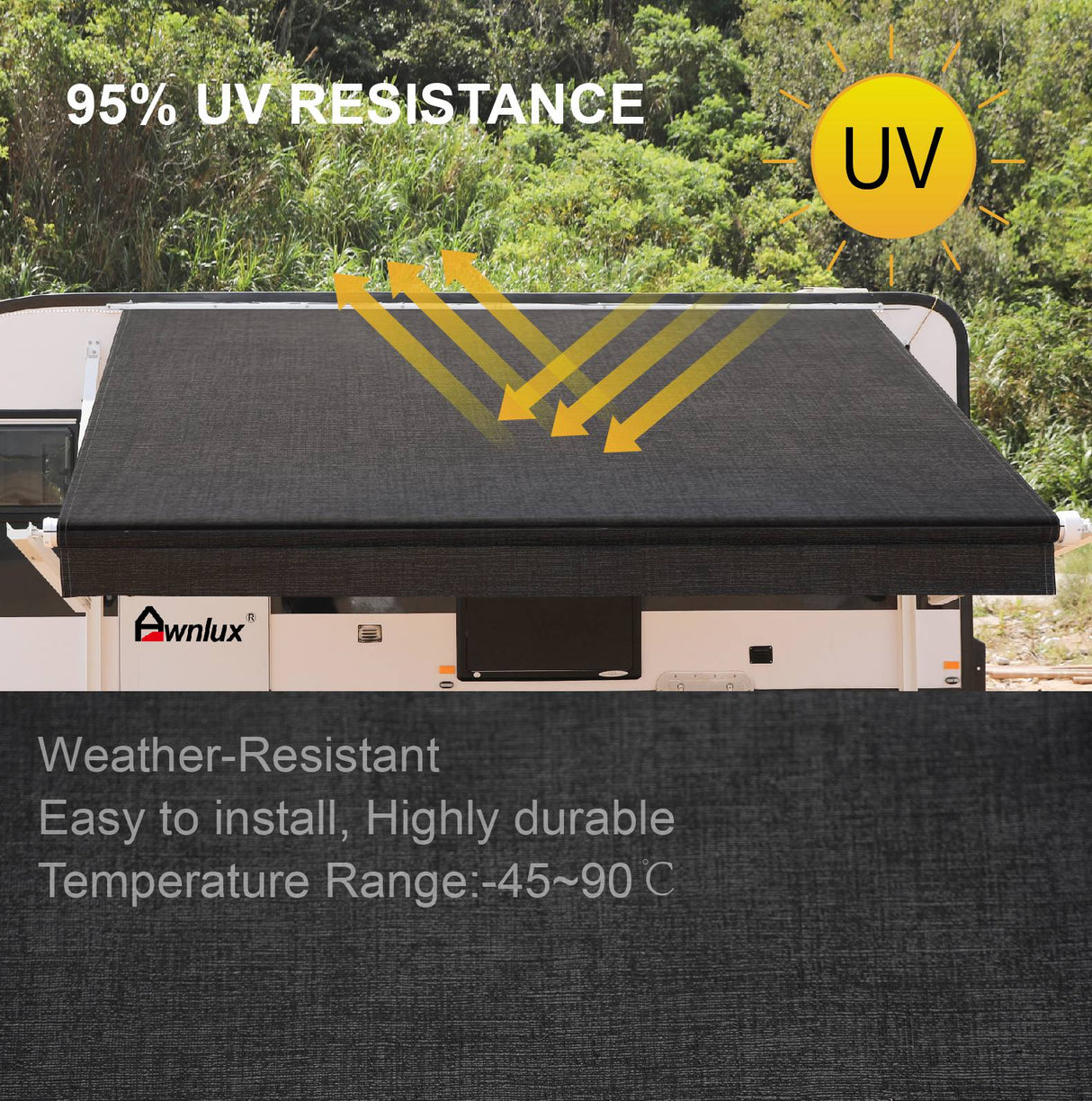 AWNLUX Electric RV Patio Awning - Solid White & Solid Black - AWNLUX Our replacement fabric is made from an 16 oz. military-grade coated vinyl, is UV/mildew resistant as well as anti-microbial.