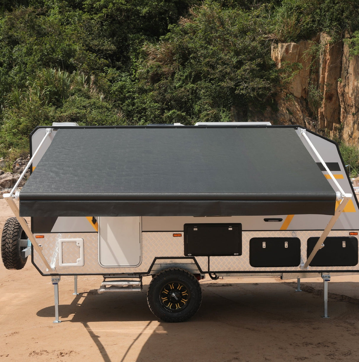 AWNLUX Electric RV Patio Awning - Solid White & Solid Black - AWNLUX Our RV awning replacement fabric is made from an 16 oz. military-grade coated vinyl, is UV/mildew resistant as well as anti-microbial.