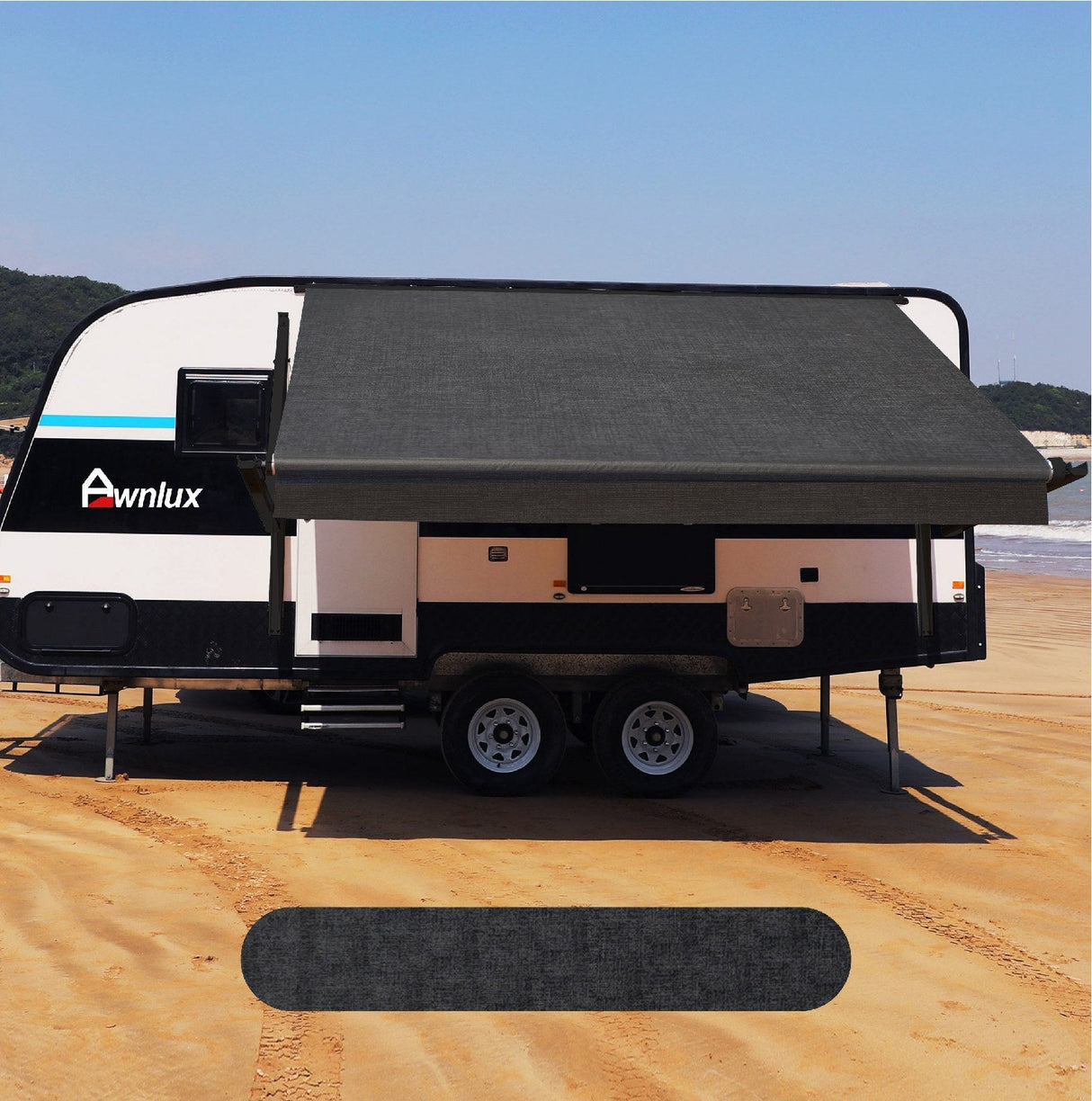 AWNLUX Electric RV Patio Awning - Solid White & Solid Black - AWNLUX Our RV awning replacement fabric is made from an 16 oz. military-grade coated vinyl, is UV/mildew resistant as well as anti-microbial.