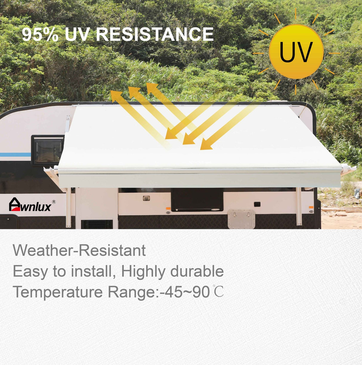 AWNLUX Electric RV Patio Awning - Solid White & Solid Black - AWNLUX 6 Colors and 14 size options. Fitting RV ranging from 8' to 21' and available in 6 color fabrics. Motorized Modular Retractable RV Awnings are designed to help meet the needs of your RV’s size and your personal style preferences. Our power RV awning are able to be suitable and applied with other major awning brands, it's compatible with Solera, Dometic and Carefree awnings.