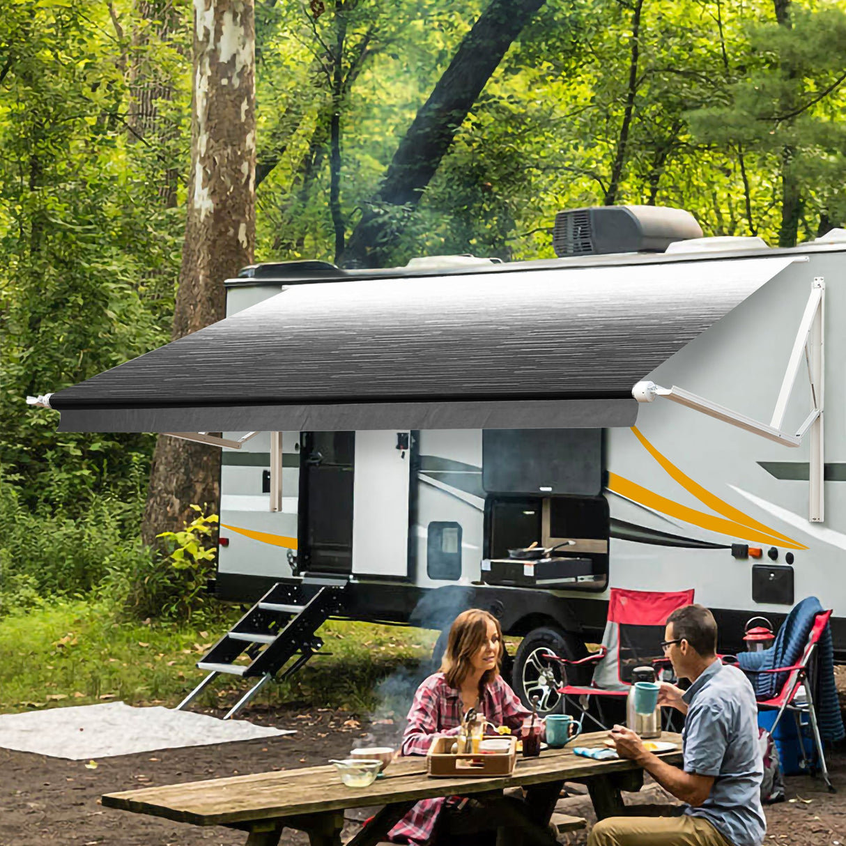 AWNLUX Electric RV Patio Awning  awning kit includes rv brackets, RV roller tube, rv fabric, all hardare, etc.- White Frame - AWNLUX