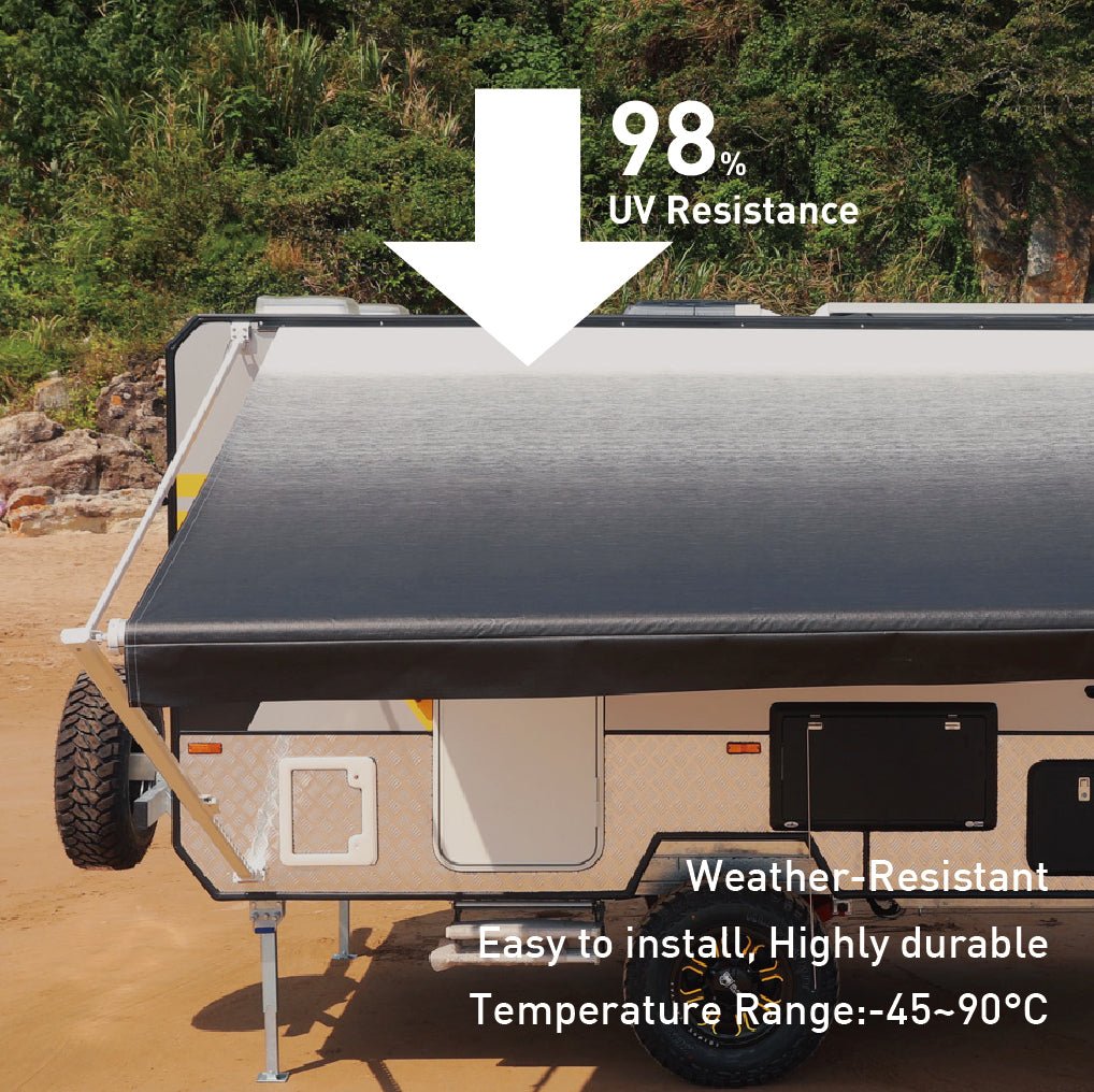 Awnlux RV awning fabric with black stripe design — weather-resistant, easy to install, and highly durable for all climates