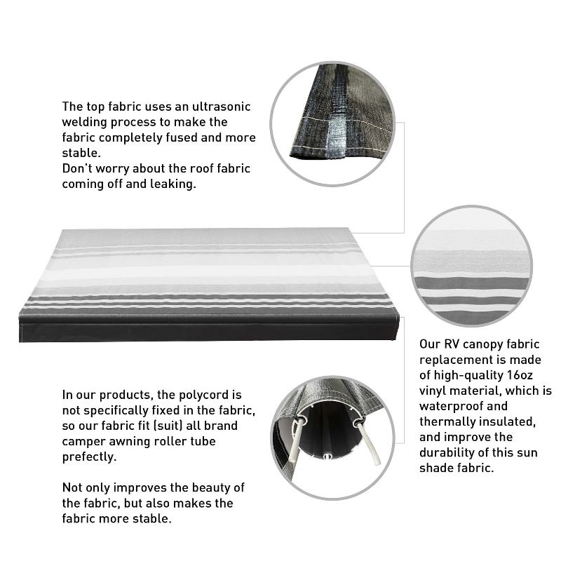 AWNLUX RV Awning Fabric - Black Stripe - AWNLUX Our RV awning replacement fabric is made from an 16 oz. military-grade coated vinyl, is UV/mildew resistant as well as anti-microbial.