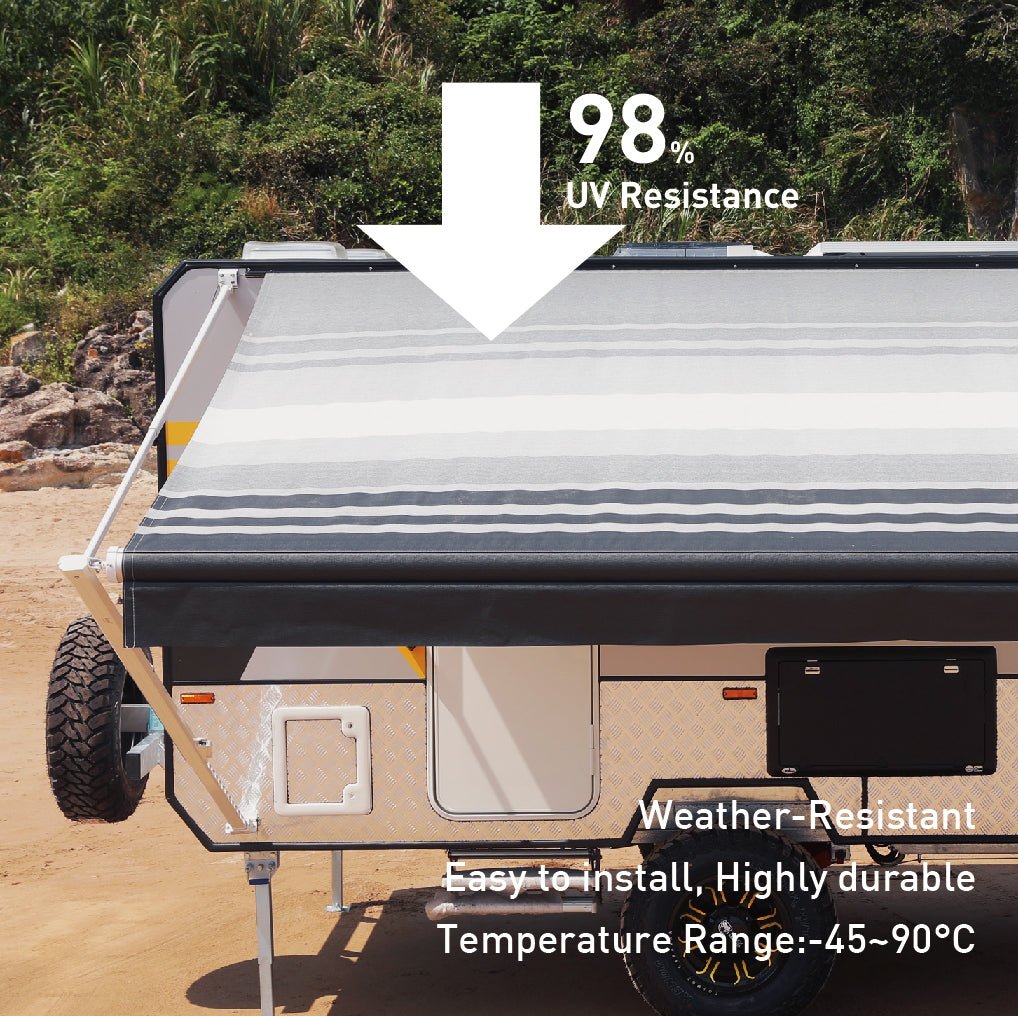 Awnlux RV awning replacement fabric — fully extended view showing durable vinyl material