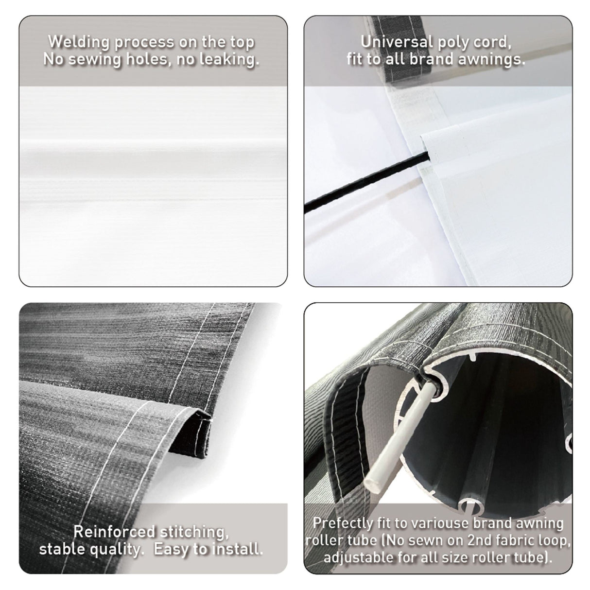 Awnlux RV awning fabric close-up showing welding process on the top with no sewing holes and no leaking, featuring reinforced stitching and universal poly cord fit for all brand awnings.