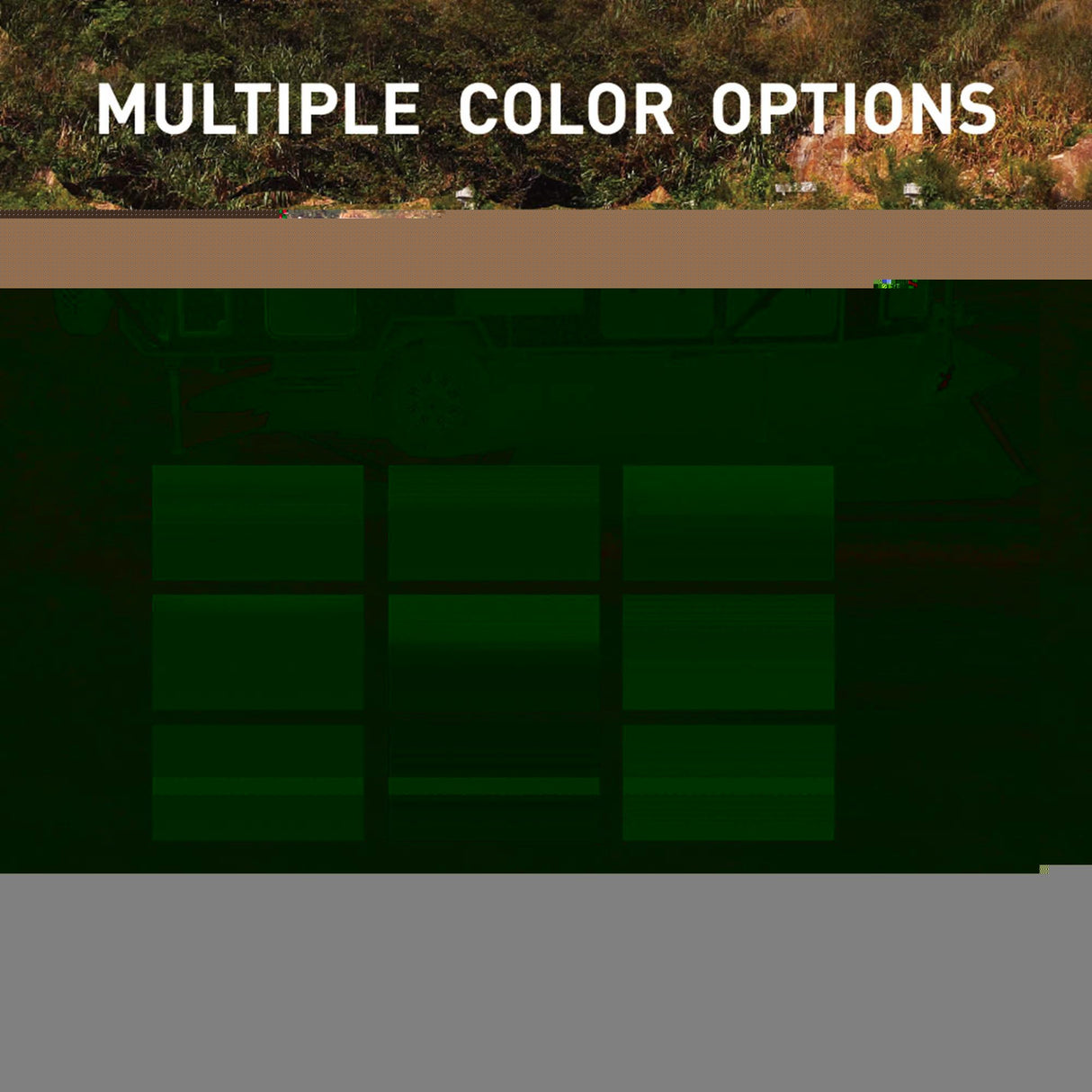 Awnlux RV awning fabric color options showing six standard choices including grey fade, blue fade, black fade, and burgundy fade, matching various RV colors for a stylish and functional look.