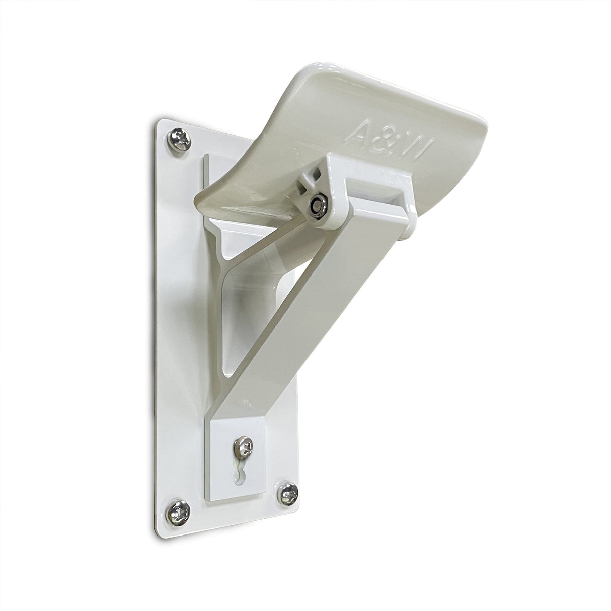 Angled view of AWNLUX RV awning roller cradle support bracket, showing reinforced arm and mounting plate design