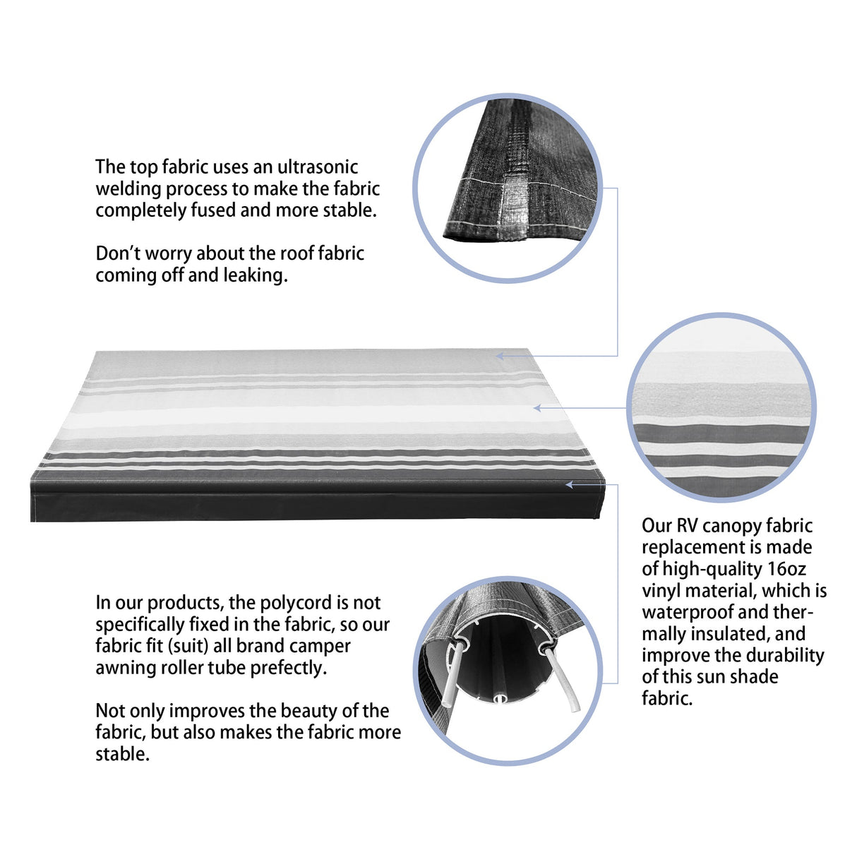 AWNLUX RV Patio Manual Awning - Black Frame - AWNLUX Our RV awning replacement fabric is made from an 16 oz. military-grade coated vinyl, is UV/mildew resistant as well as anti-microbial.