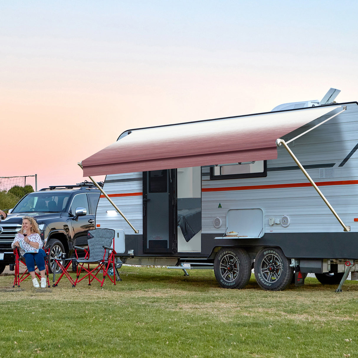 AWNLUX RV Patio Manual Awning - White Frame - AWNLUX Our RV awning replacement fabric is made from an 16 oz. military-grade coated vinyl, is UV/mildew resistant as well as anti-microbial.