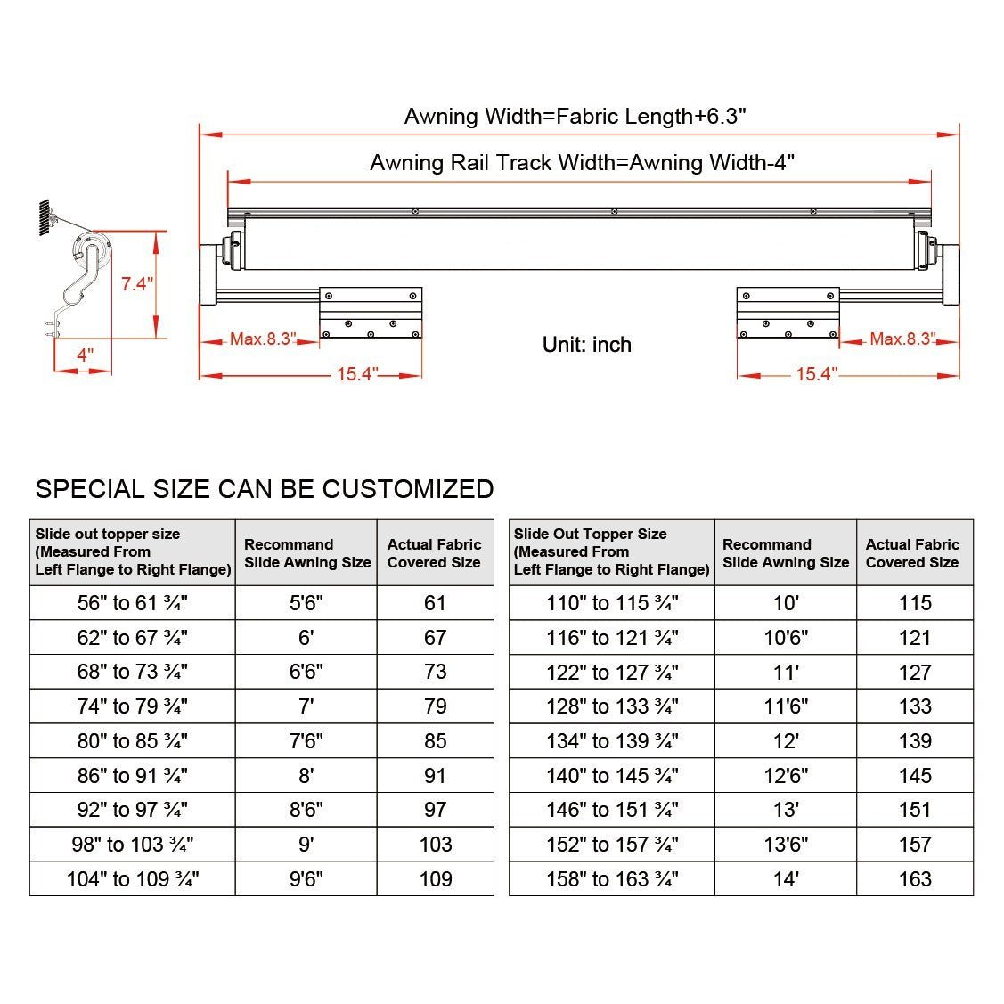 AWNLUX RV Slide Out Awning - AWNLUX RV slide out awning size chart