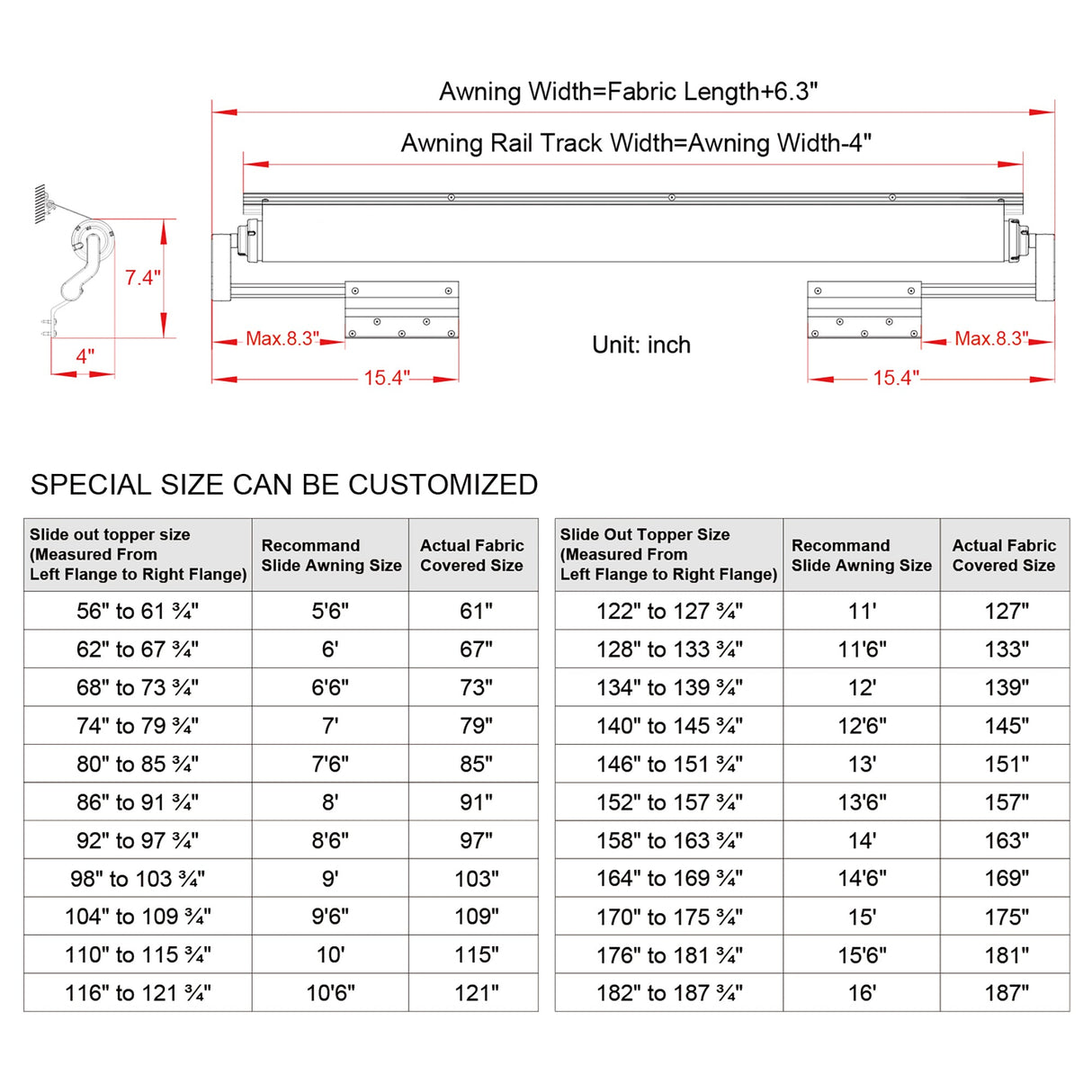 AWNLUX RV slide topper awning size chart and installation diagram showing recommended awning width and fabric coverage