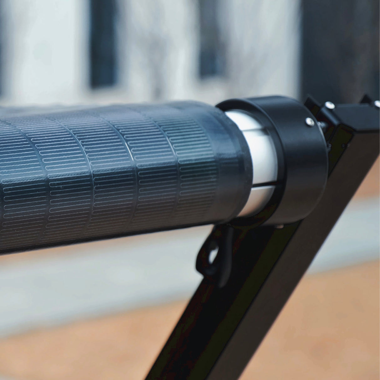 Close-up of AWNLUX electric solar RV awning roller tube with integrated solar panel and durable frame
