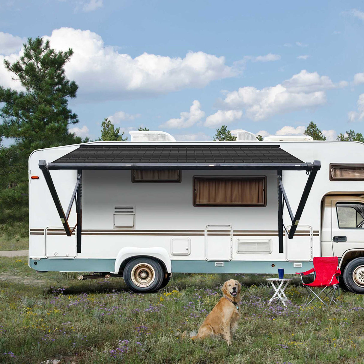 RV parked in nature with AWNLUX solar powered awning extended, dog sitting under shade next to camping chair