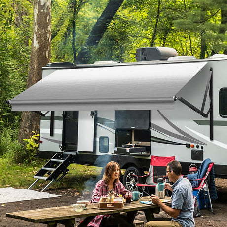 Used AWNLUX Electric RV Patio Awning - Black Frame - AWNLUX Electric RV Awning Assembly in White · 14 size options to choose from · Max Extension: 8' · Folded Arm Height: 72 1/2"