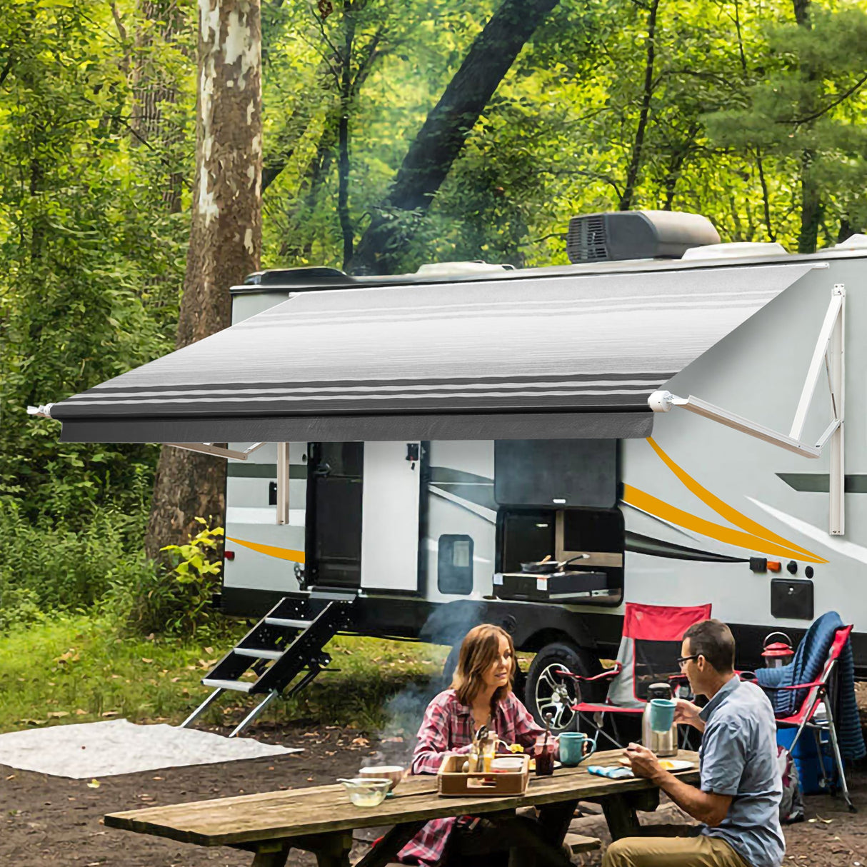 Used AWNLUX Electric RV Patio Awning - White Frame - AWNLUX Electric RV Awning Assembly in White · 14 size options to choose from · Max Extension: 8' · Folded Arm Height: 72 1/2"