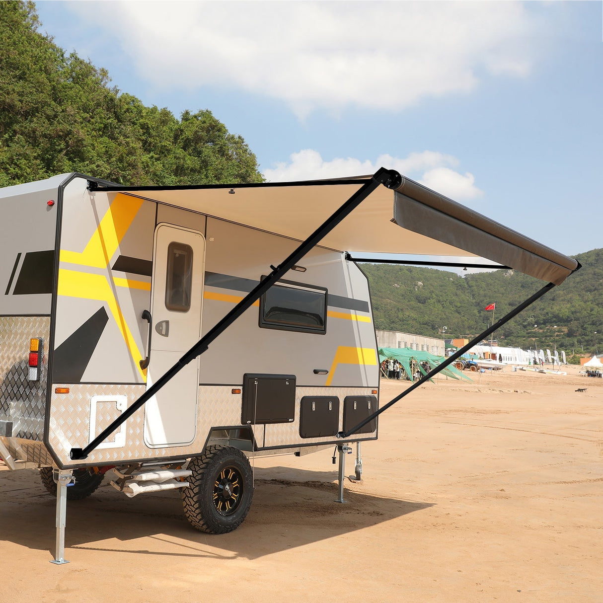 Used AWNLUX RV Patio Manual Awning - Black Frame - AWNLUX RV Manual Awning Assembly in Black