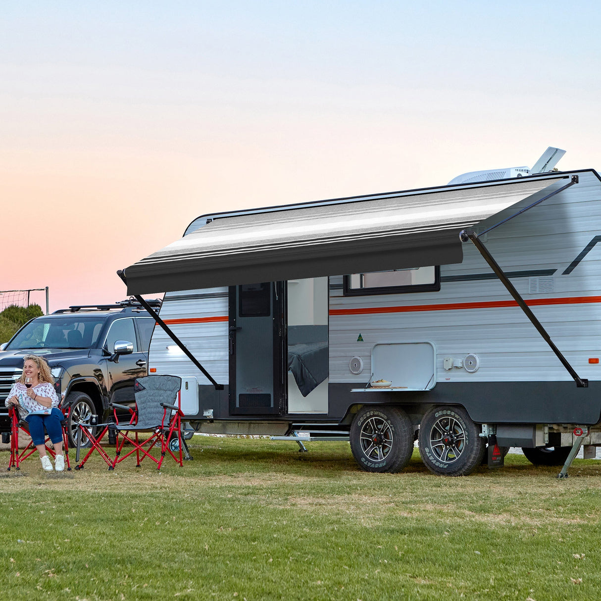 Used AWNLUX RV Patio Manual Awning - Black Frame - AWNLUX used rv awning complete kit