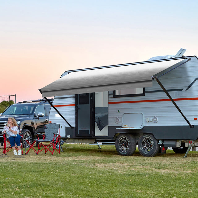 Used AWNLUX RV Patio Manual Awning - Black Frame - AWNLUX Black Motorized Modular Retractable RV Awning Full Set Assemblies for RV, 5th Wheel, Travel Trailers, Toy Haulers, and Motorhome - RV Trailer Awning for Home or Camper