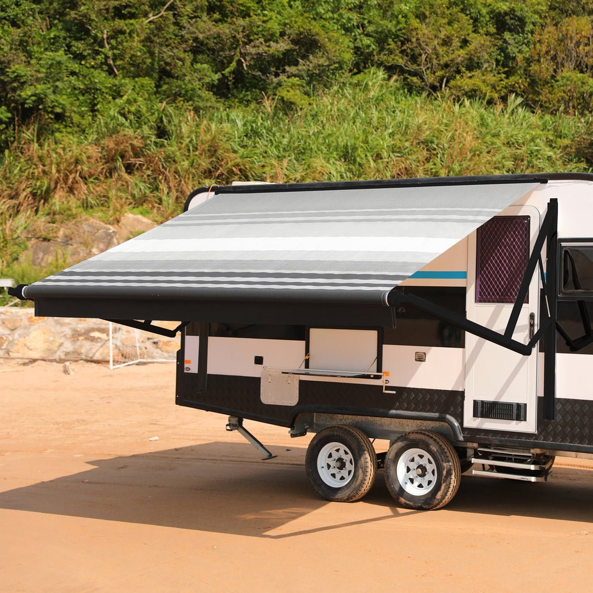 AWNLUX Electric RV Patio Awning - Black Frame - AWNLUX 6 Colors and 14 size options. Fitting RV ranging from 8' to 21' and available in 6 color fabrics. Motorized Modular Retractable RV Awnings are designed to help meet the needs of your RV’s size and your personal style preferences.