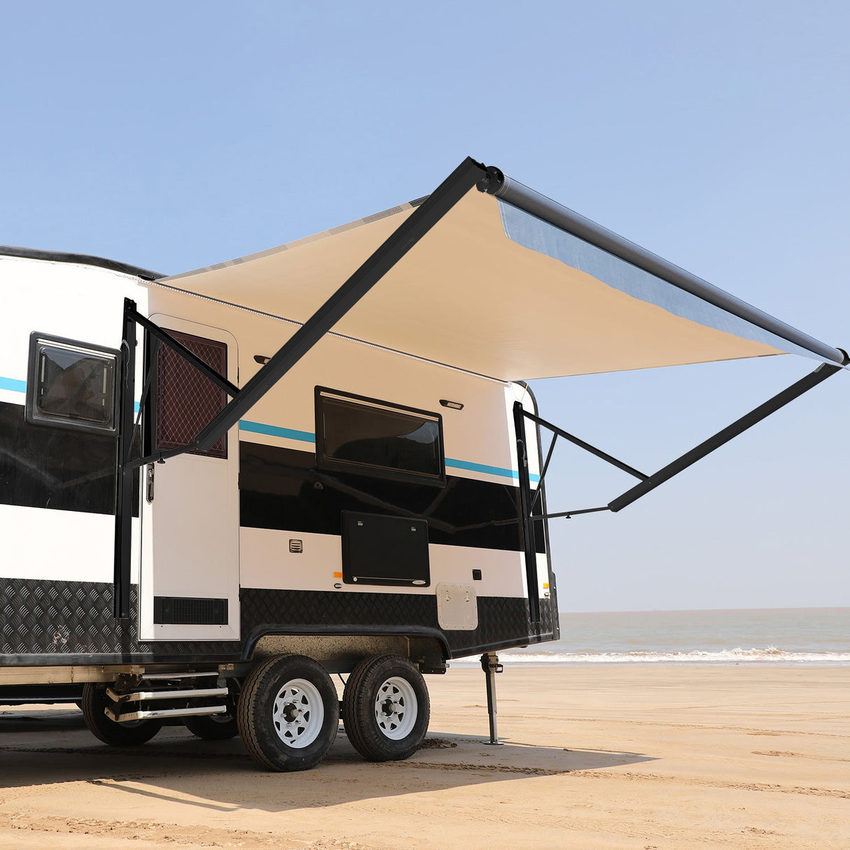 AWNLUX Electric RV Patio Awning - Black Frame - AWNLUX 6 Colors and 14 size options. Fitting RV ranging from 8' to 21' and available in 6 color fabrics. Motorized Modular Retractable RV Awnings are designed to help meet the needs of your RV’s size and your personal style preferences. Our power RV awning are able to be suitable and applied with other major awning brands, it's compatible with Solera, Dometic and Carefree awnings.