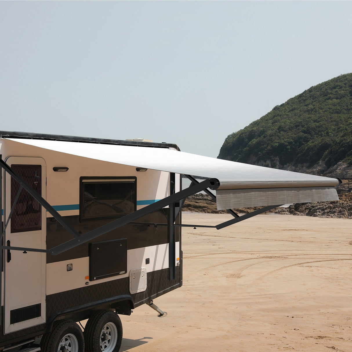 AWNLUX Electric RV Patio Awning - Black Frame - AWNLUX 6 Colors and 14 size options. Fitting RV ranging from 8' to 21' and available in 6 color fabrics. Motorized Modular Retractable RV Awnings are designed to help meet the needs of your RV’s size and your personal style preferences.