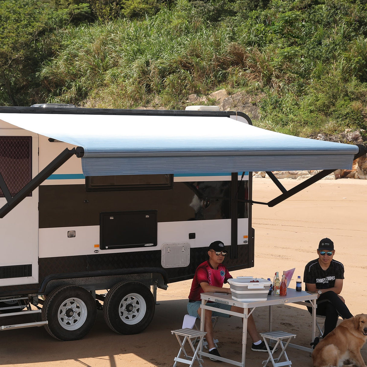 AWNLUX Electric RV Patio Awning - Black Frame - AWNLUX 6 Colors and 14 size options. Fitting RV ranging from 8' to 21' and available in 6 color fabrics. Motorized Modular Retractable RV Awnings are designed to help meet the needs of your RV’s size and your personal style preferences. Our power RV awning are able to be suitable and applied with other major awning brands, it's compatible with Solera, Dometic and Carefree awnings.