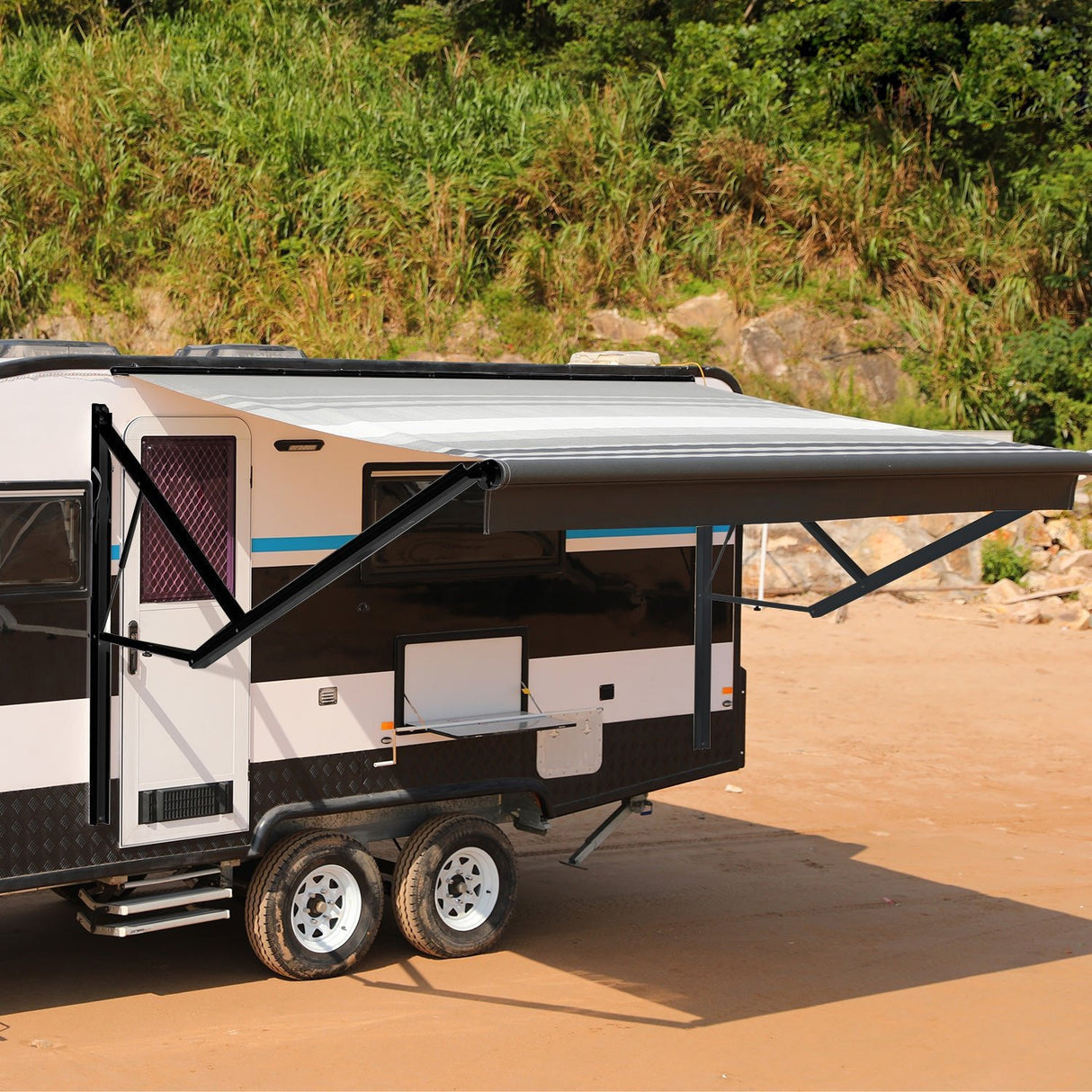 AWNLUX Electric RV Patio Awning - Black Frame - AWNLUX 6 Colors and 14 size options. Fitting RV ranging from 8' to 21' and available in 6 color fabrics. Motorized Modular Retractable RV Awnings are designed to help meet the needs of your RV’s size and your personal style preferences.