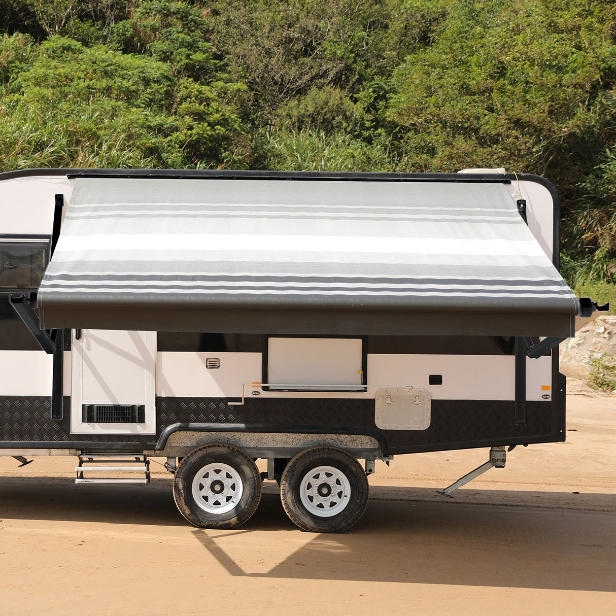 AWNLUX Electric RV Patio Awning - Black Frame - AWNLUX 6 Colors and 14 size options. Fitting RV ranging from 8' to 21' and available in 6 color fabrics. Motorized Modular Retractable RV Awnings are designed to help meet the needs of your RV’s size and your personal style preferences.