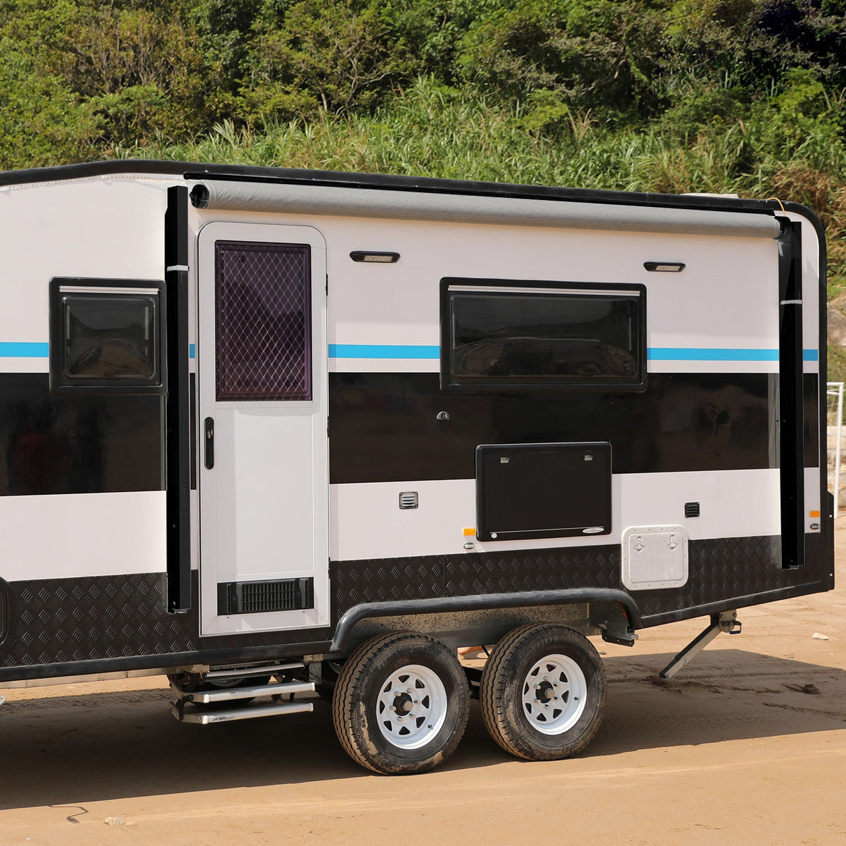 AWNLUX Electric RV Patio Awning - Black Frame - AWNLUX 6 Colors and 14 size options. Fitting RV ranging from 8' to 21' and available in 6 color fabrics. Motorized Modular Retractable RV Awnings are designed to help meet the needs of your RV’s size and your personal style preferences.