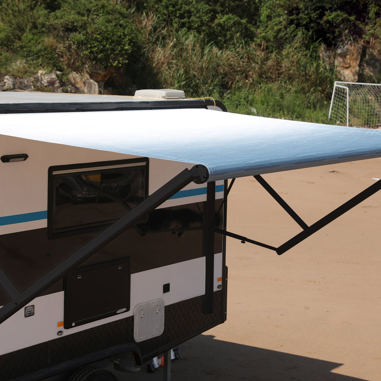 AWNLUX Electric RV Patio Awning - Black Frame - AWNLUX 6 Colors and 14 size options. Fitting RV ranging from 8' to 21' and available in 6 color fabrics. Motorized Modular Retractable RV Awnings are designed to help meet the needs of your RV’s size and your personal style preferences. Our power RV awning are able to be suitable and applied with other major awning brands, it's compatible with Solera, Dometic and Carefree awnings.