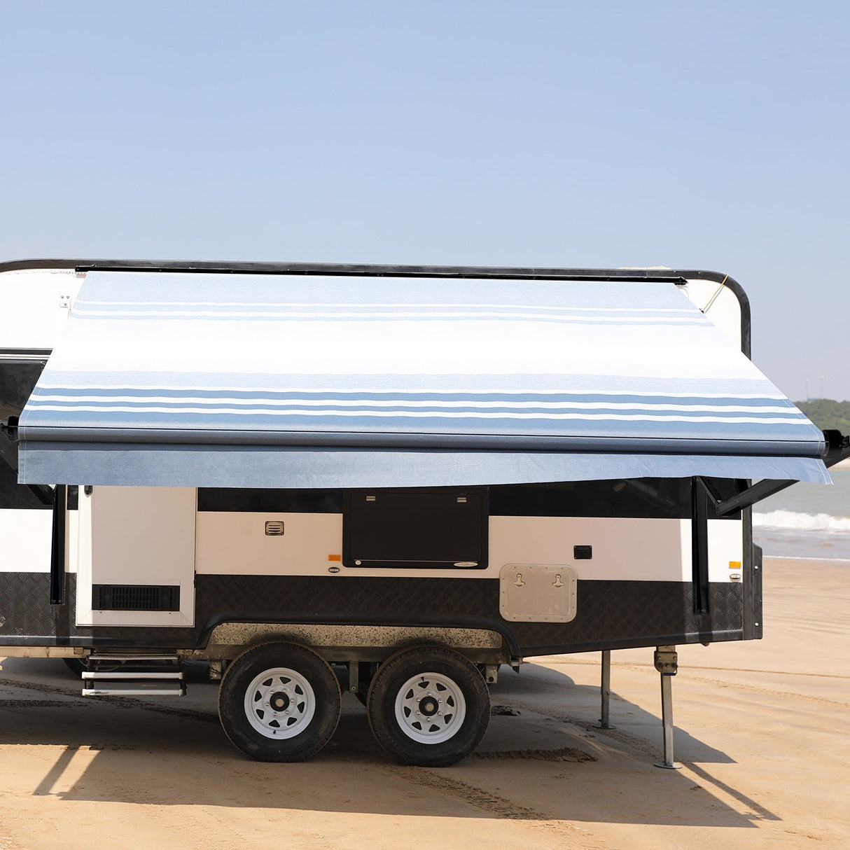 AWNLUX Electric RV Patio Awning - Black Frame - AWNLUX 6 Colors and 14 size options. Fitting RV ranging from 8' to 21' and available in 6 color fabrics. Motorized Modular Retractable RV Awnings are designed to help meet the needs of your RV’s size and your personal style preferences. Our power RV awning are able to be suitable and applied with other major awning brands, it's compatible with Solera, Dometic and Carefree awnings.