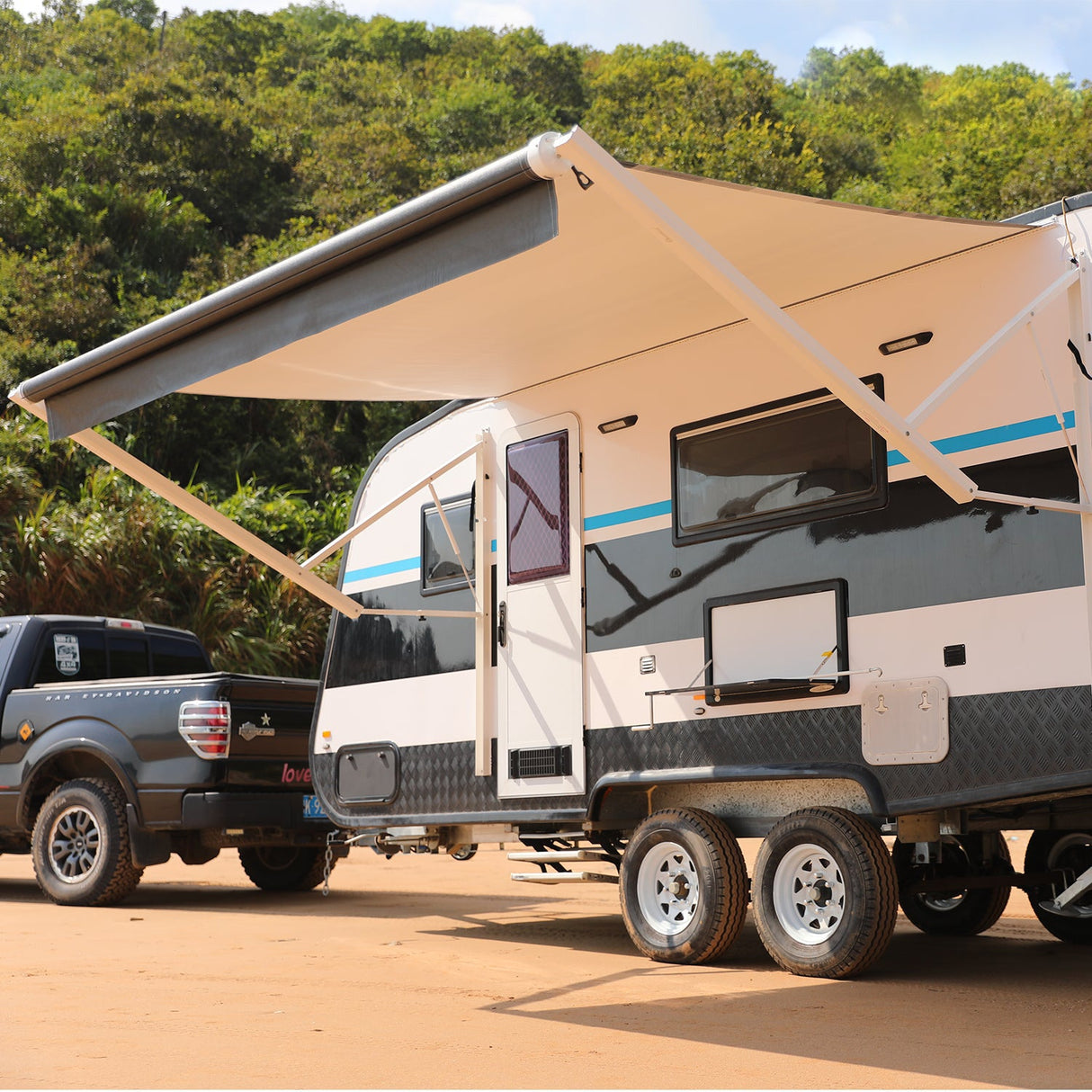 AWNLUX Electric RV Patio Awning - White Frame - AWNLUX 6 Colors and 14 size options. Fitting RV ranging from 8' to 21' and available in 6 color fabrics. Motorized Modular Retractable RV Awnings are designed to help meet the needs of your RV’s size and your personal style preferences. Our power RV awning are able to be suitable and applied with other major awning brands, it's compatible with Solera, Dometic and Carefree awnings.